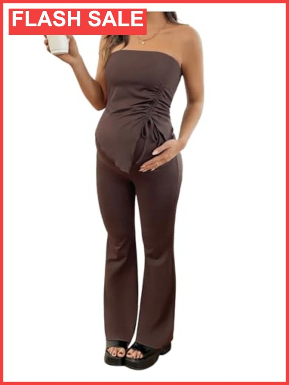 Maternity Two Piece Set Tube Top Flared Leg Pants High Stretch Casual